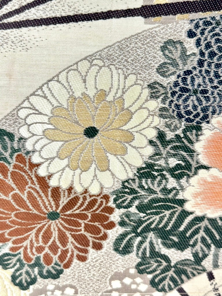 Antique Japanese Silk Maru Obi Taisho Phoenix Fan Chrysanthemum Pine 13'L