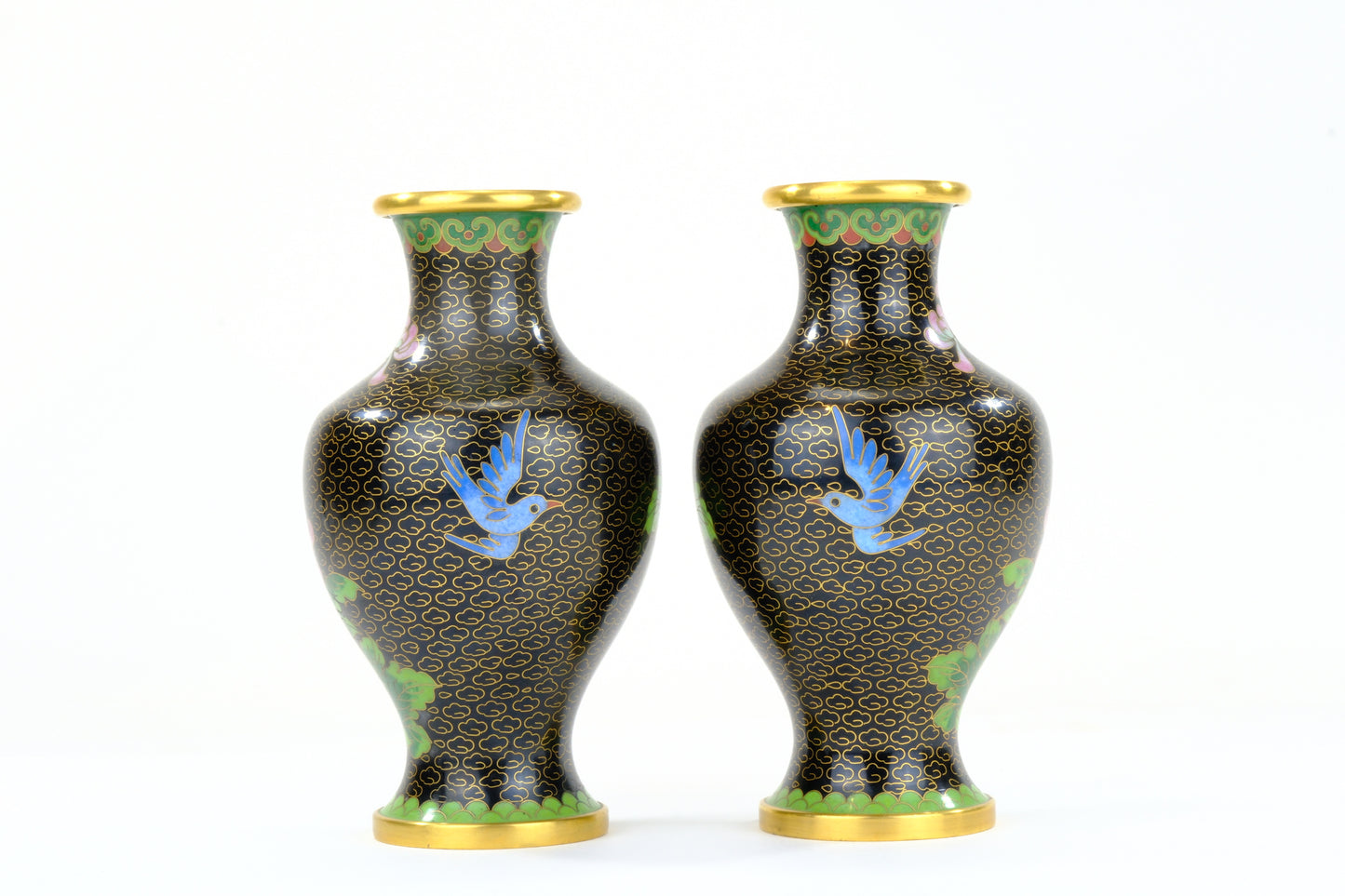Chinese Cloisonne Enamel Vase Pair Black Ground Blue Bird Pink Peony Gold Rim