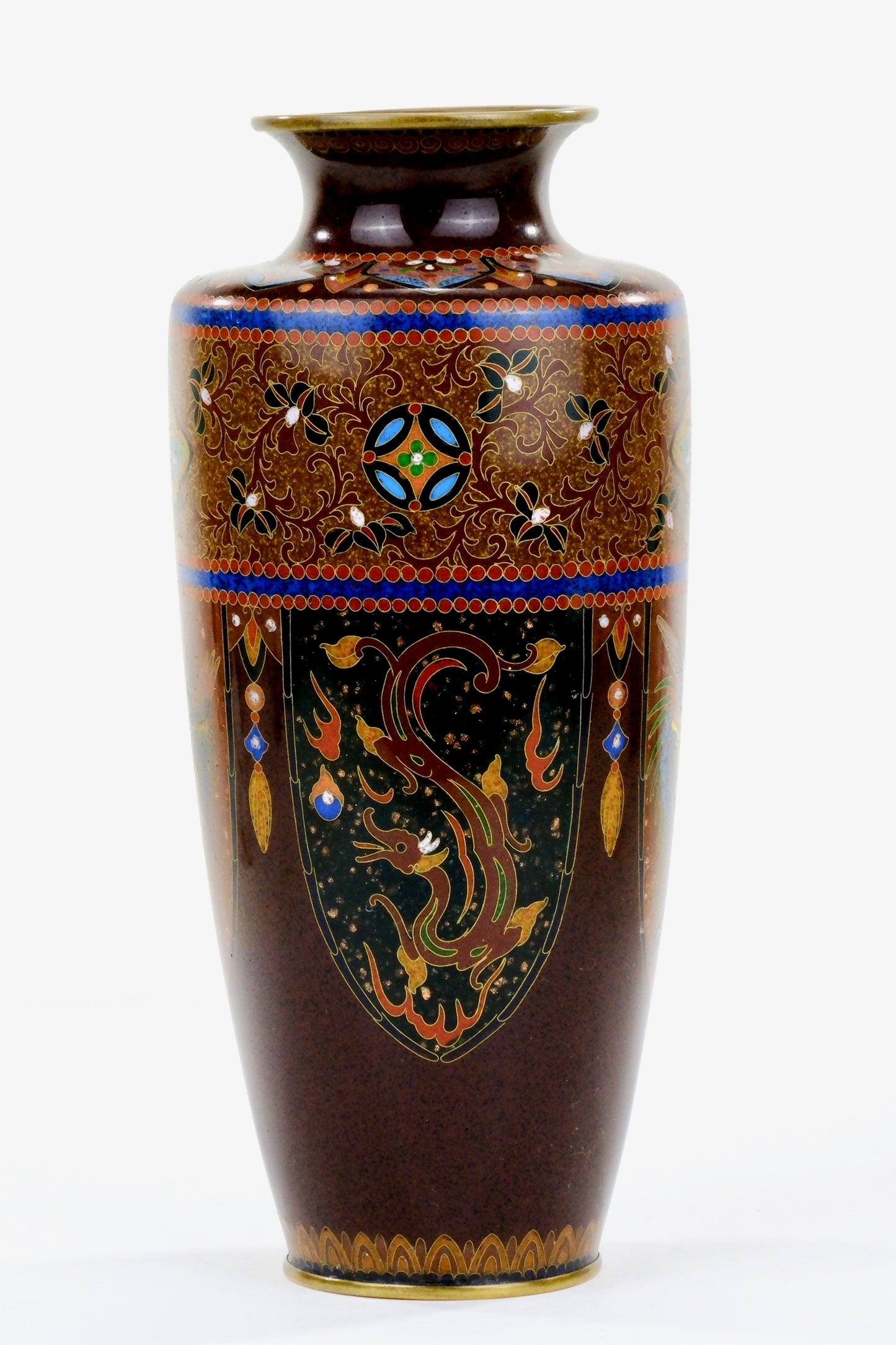 Antique Japanese Meiji Era (c1880) Cloisonné Vase Phoenix & Dragon 8”