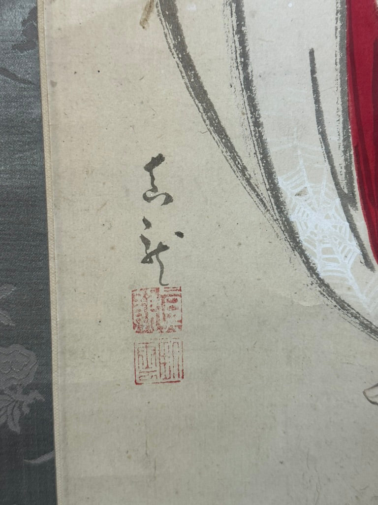 Antique Japanese Kakejiku Bijin-ga Beauty Spider Web Kimono Meiji Taisho Scroll 72"L