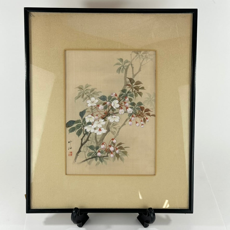 Antique Japanese Kacho-ga Silk Painting Sakura Cherry Blossoms Framed 18"H
