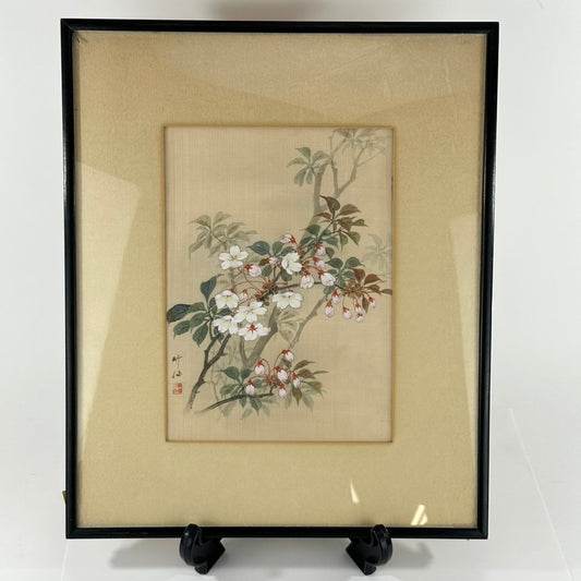 Antique Japanese Kacho-ga Silk Painting Sakura Cherry Blossoms Framed 18"H
