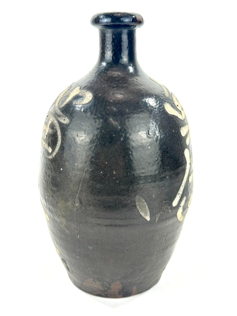 Antique Japanese Dark Glazed Stoneware Tokkuri Sake Jug White Slip Calligraphy Large Format Meiji 10"H