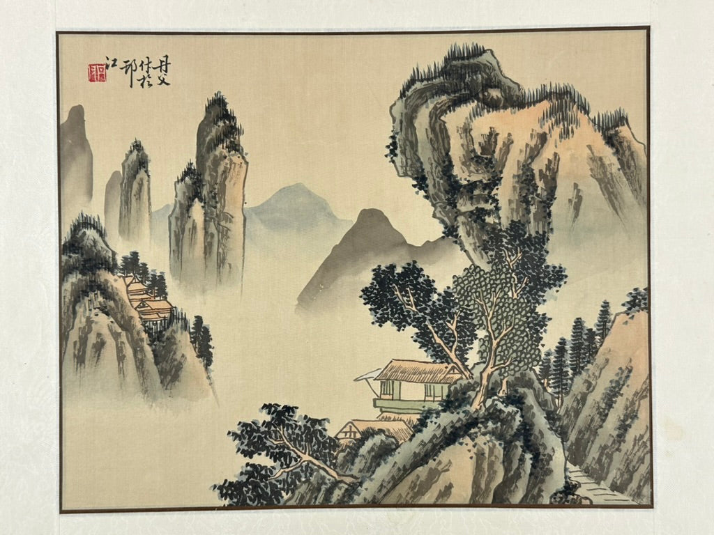 Antique Chinese Silk Painting Misty Mountain Landscape Pavilions 16"W