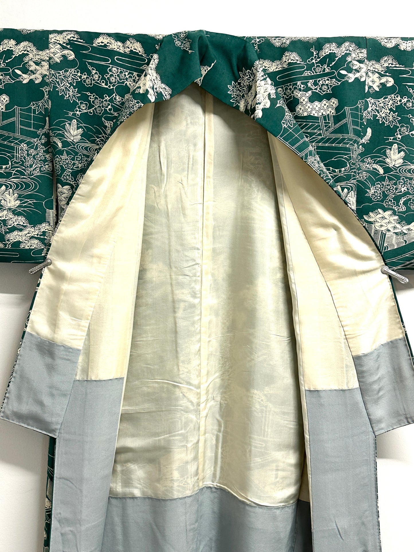 Vintage Japanese Silk Kimono Allover Garden Landscape Teien Crane Pine Teal Showa