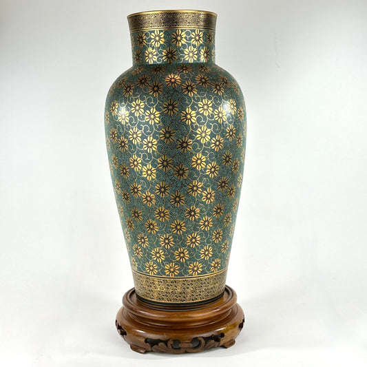 Vintage Kutani Shozan Porcelain Vase Green Gold Kiku Hanazume Hardwood Stand Showa 18"H