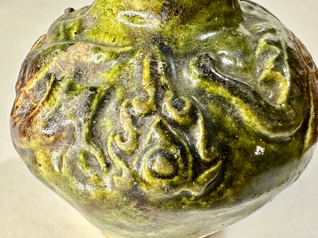Chinese Green Glazed Miniature Pottery Jar Molded Dragon Relief Archaistic Floral Stamp ~1"H