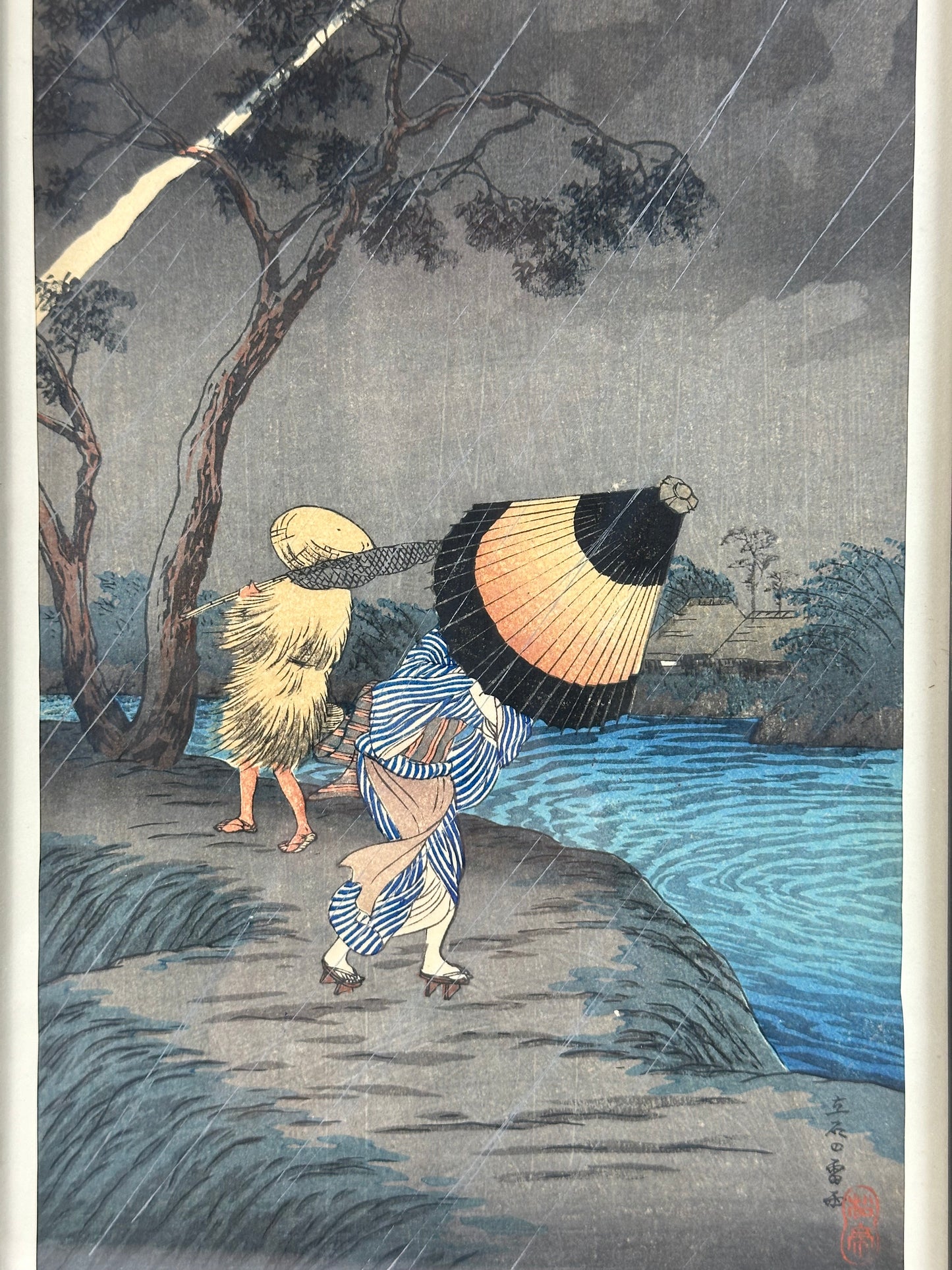 Japanese Woodblock Print Reproduction: By Shotei "Rain" in Vintage Frame