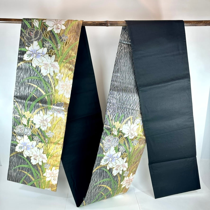 Vintage Japanese Silk Fukuro Obi Gold Foil Orchid Black Ground 13'L