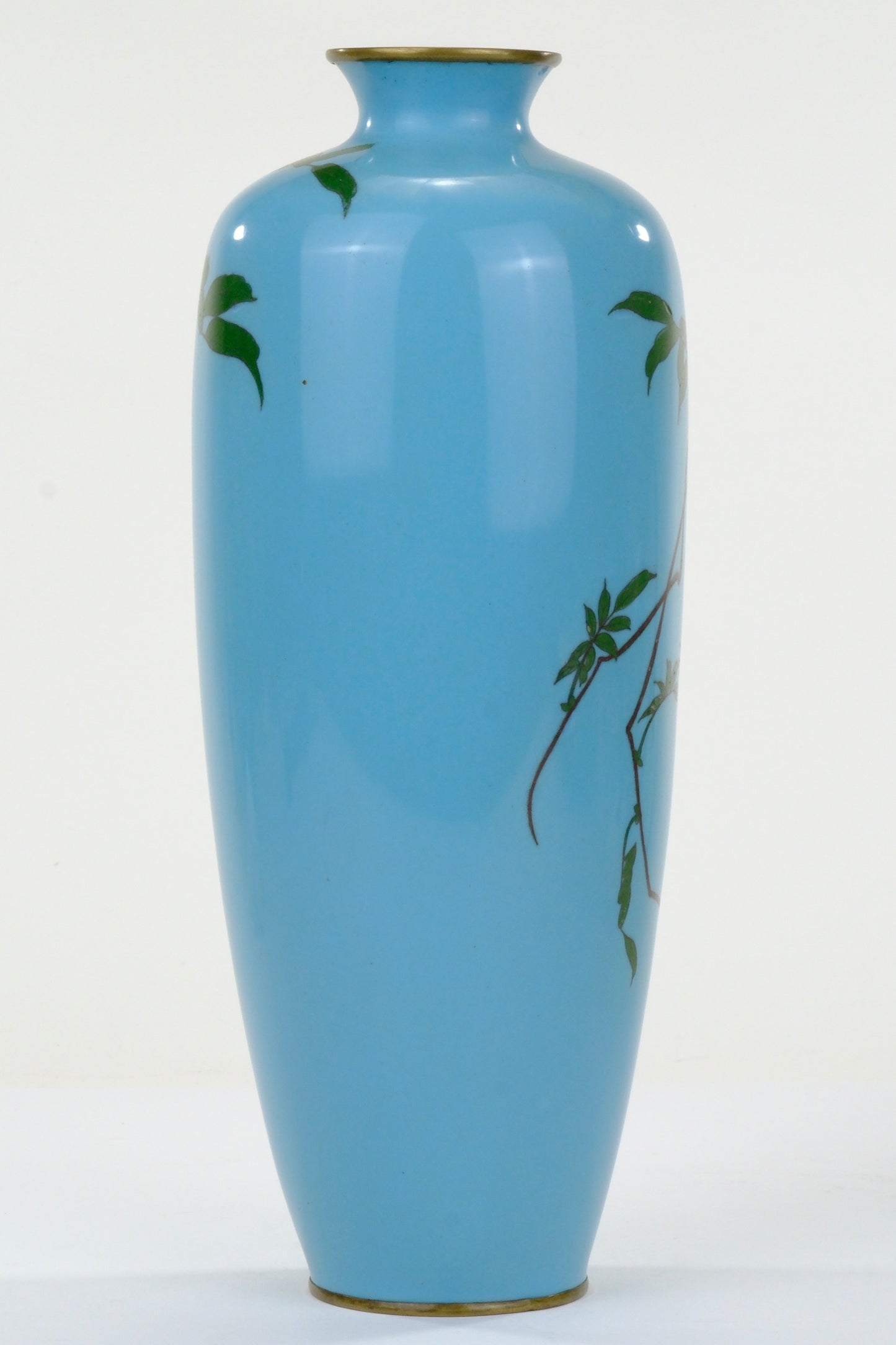 Antique Japanese Meiji Era (c1880) Cloisonné Vase Wisteria & Bluebird on Turquoise 12”