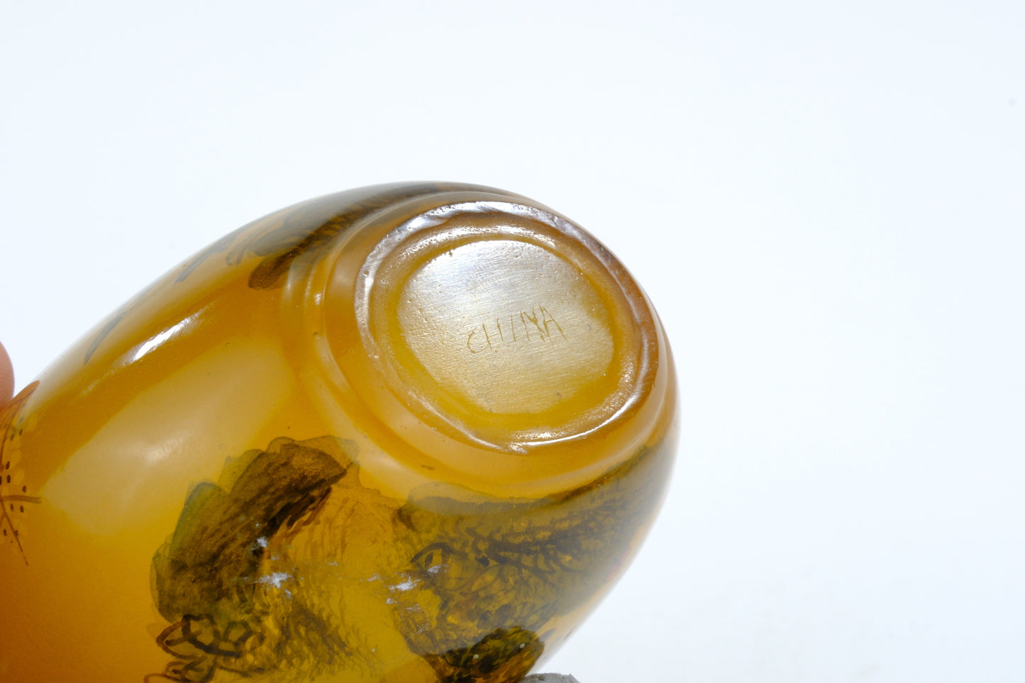 Chinese Amber Glass Interior Painted Snuff Bottle Birds Flowers Blue Stopper