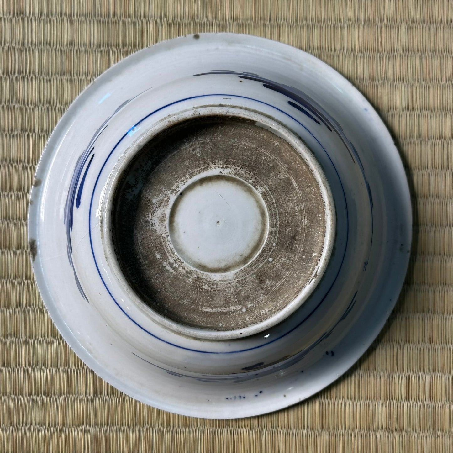 Antique Japanese Blue & White Porcelain Bowl Shanshui Landscape Key Fret Border 7.5"W