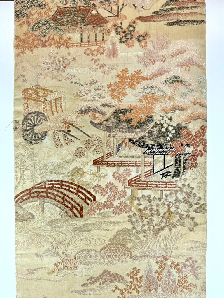 Antique Japanese Silk Obi Pictorial Garden Pavilion Bridge Genji Wheel 12'L