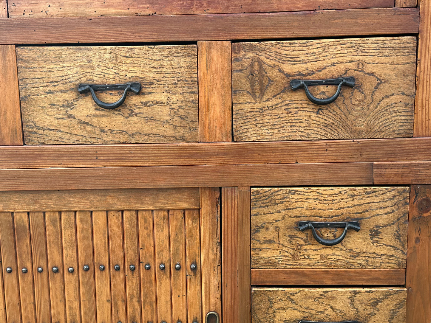 Antique Japanese Keyaki Sugi Merchant Tansu Sliding Door Cabinet Meiji 54"W
