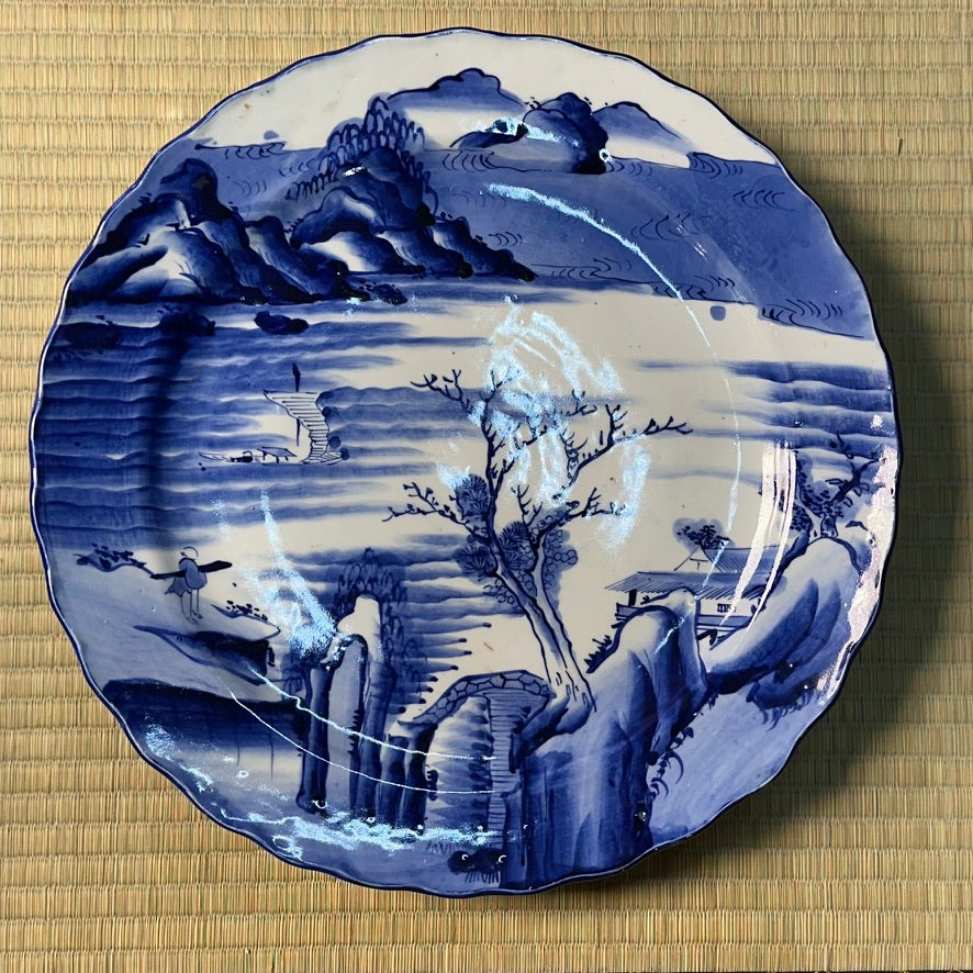 Antique Japanese Blue & White Porcelain Plate Shanshui Landscape Scalloped Rim 14"W