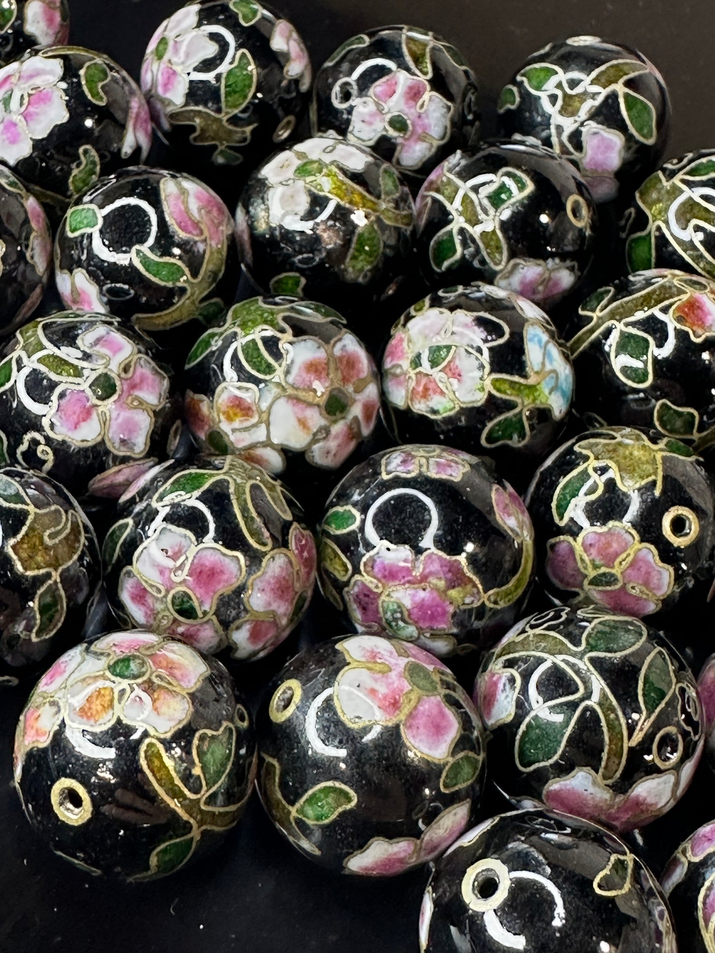 One Vintage Chinese Cloisonne Black & Pink Bead 18mm Glass Enamel Jewelry