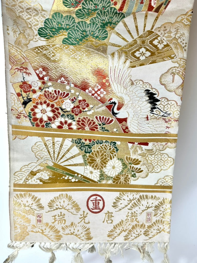 Antique Japanese Silk Maru Obi Gold Brocade Crane Fan Pine Nishijin 13'L