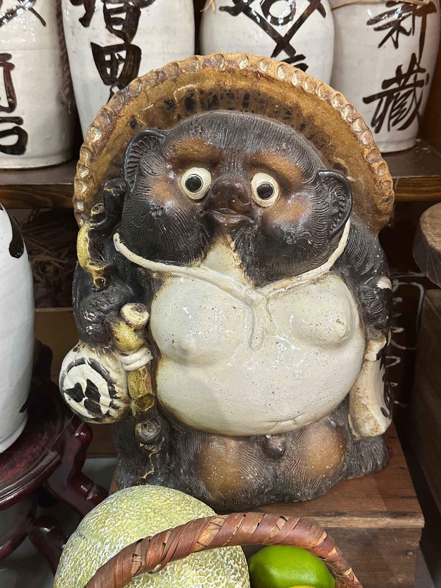 Vintage Japanese Ceramic Tanuki Statue Abundance & Prosperity 15"Hx11W"