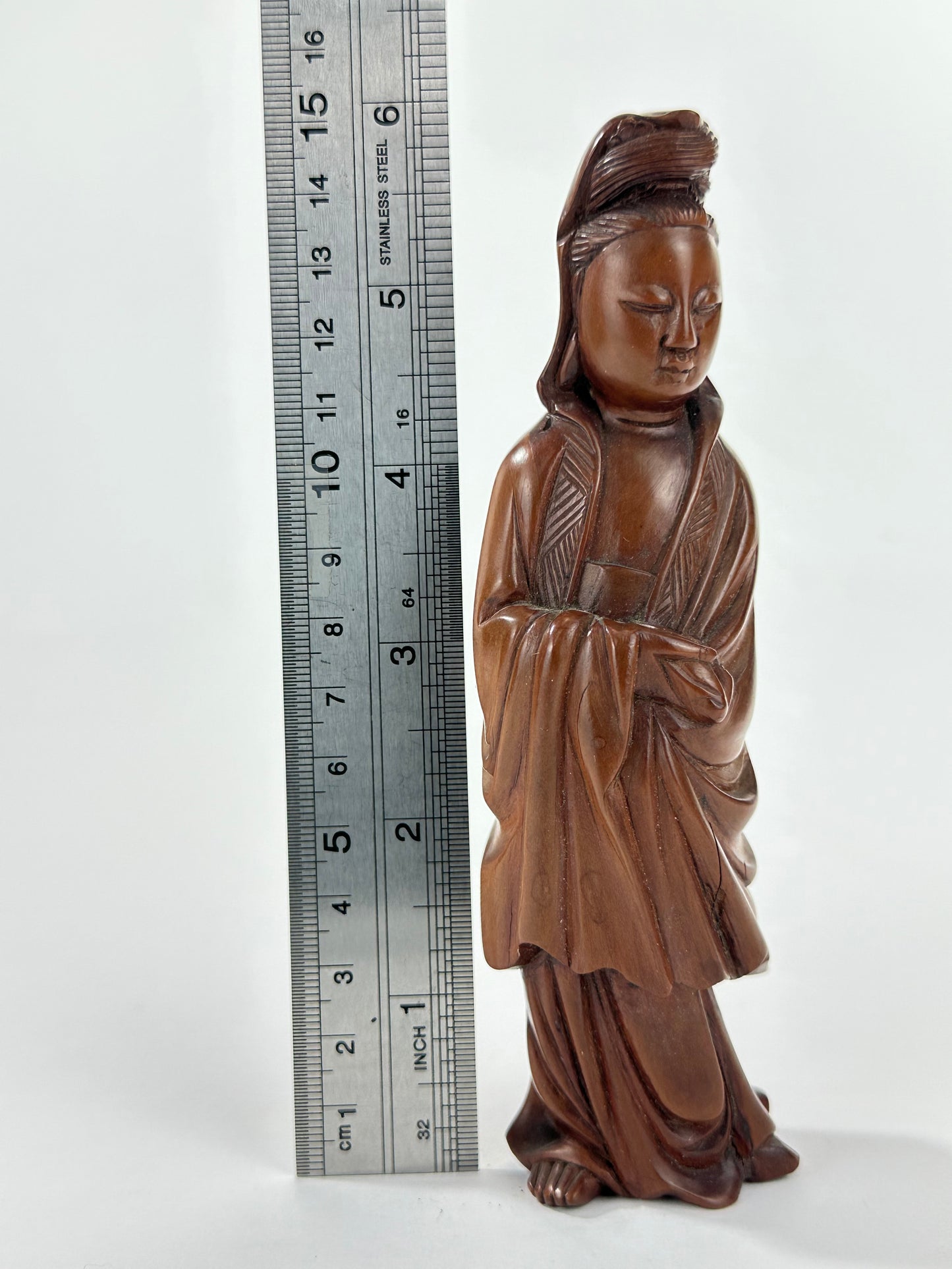 Vintage Chinese Hand-Carved Quan-Yin Figurine Sculpture Folk Figure 6"H