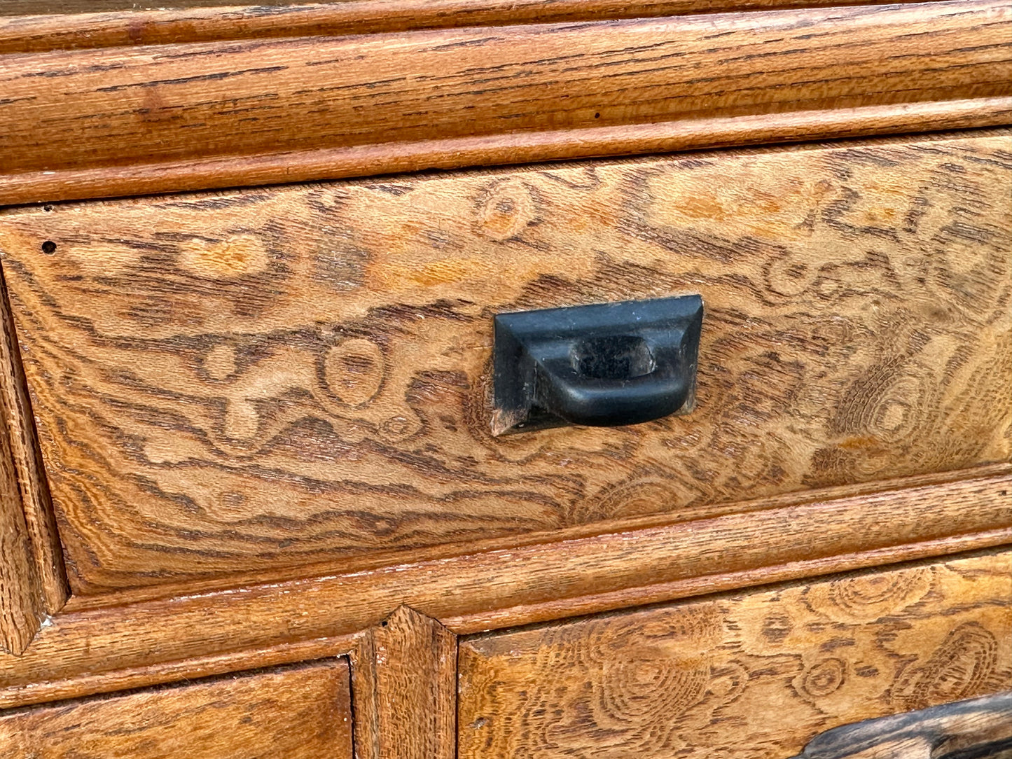 Rare Antique Japanese Keyaki Chadansu c1937 Cabinet Carved Crane & Turtle Finials Persimmon Trim 36"W