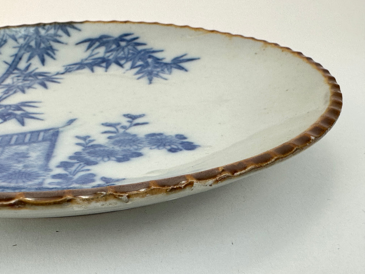 Antique Japanese Imari Blue & White Scalloped Bowl Bamboo Garden Scene 7.25"W