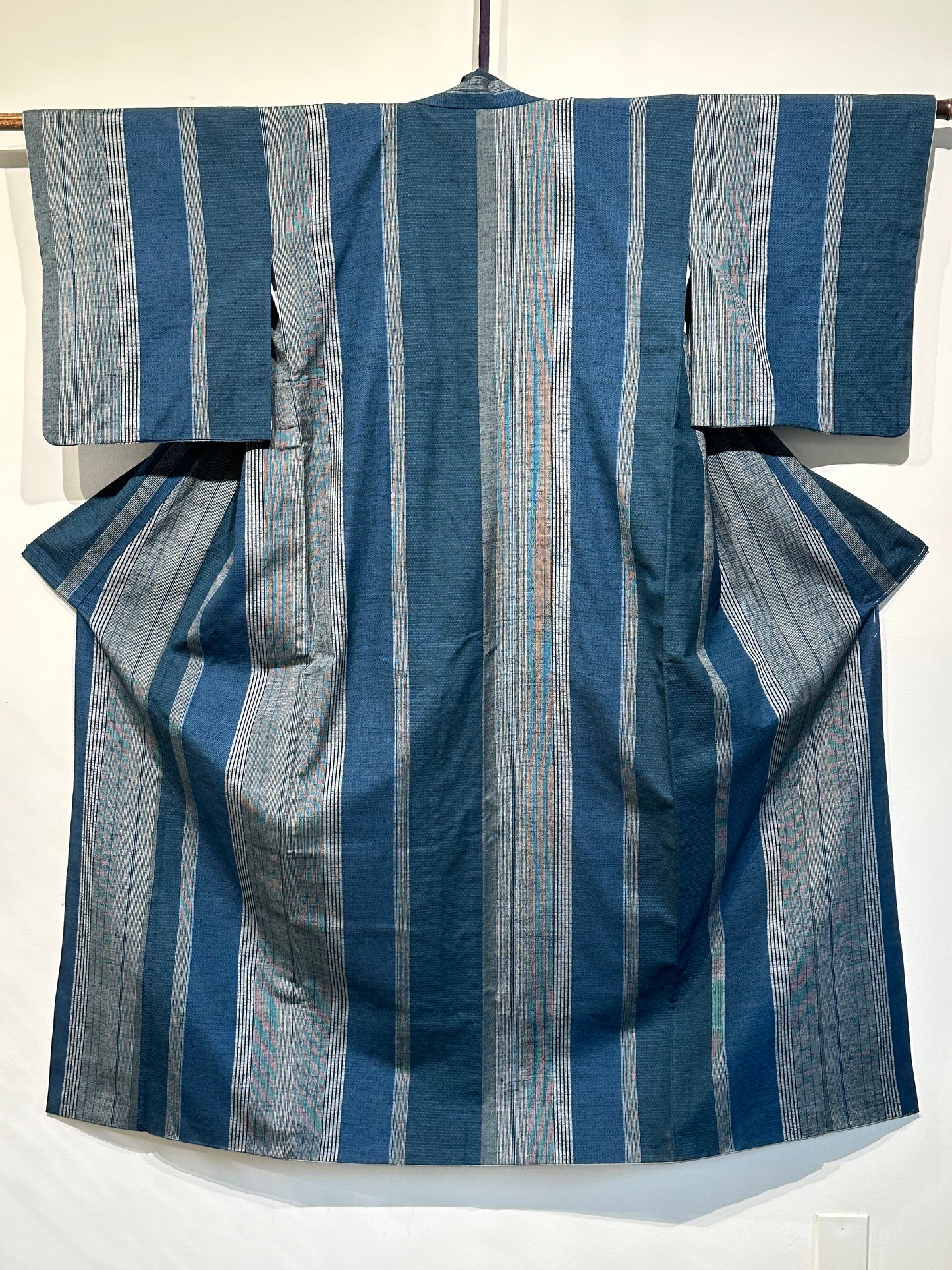 Japanese Yuki Tsumugi Silk Kimono Hand Woven Teal Stripes