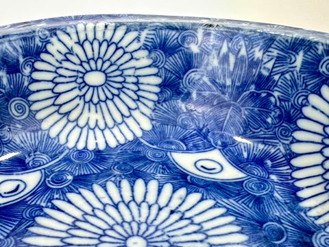 Antique Japanese Imari Sometsuke Blue White Porcelain Bowl Kiku Hanazume Late Edo 19th 8"W