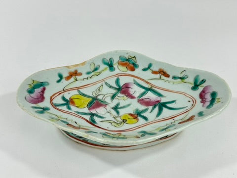 Chinese Famille Rose Porcelain Lozenge Dish Peach Longevity Floral Celadon Ground Late Qing 7.5"