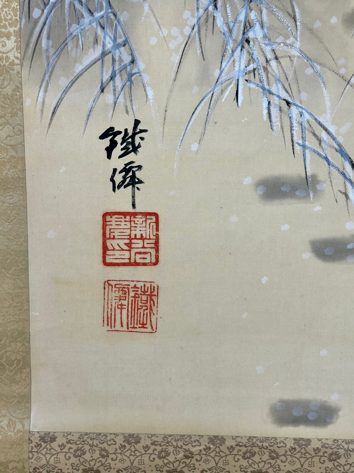 Antique Japanese Kakejiku Hanging Scroll Hand Painted Tiger Snow Moon Taisho Showa 78"L