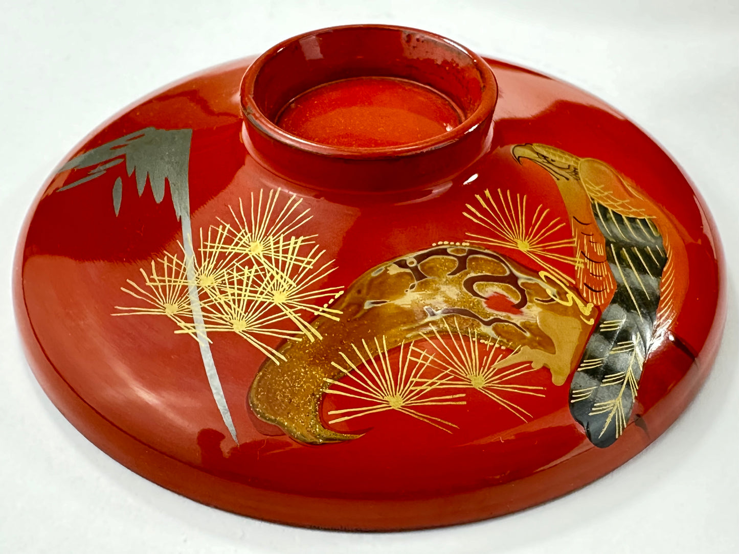 Set of 3 Antique Japanese Meiji Era (c1890's) Red Lacquer Makie Wooden Mt Fuji Hawk Bowl 4.5"