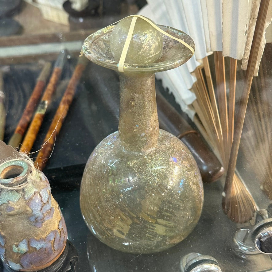 Ancient Roman 2000 Year Old Sand-Cast Iridescent Glass Flask Funnel-Mouth Bottle 6″H