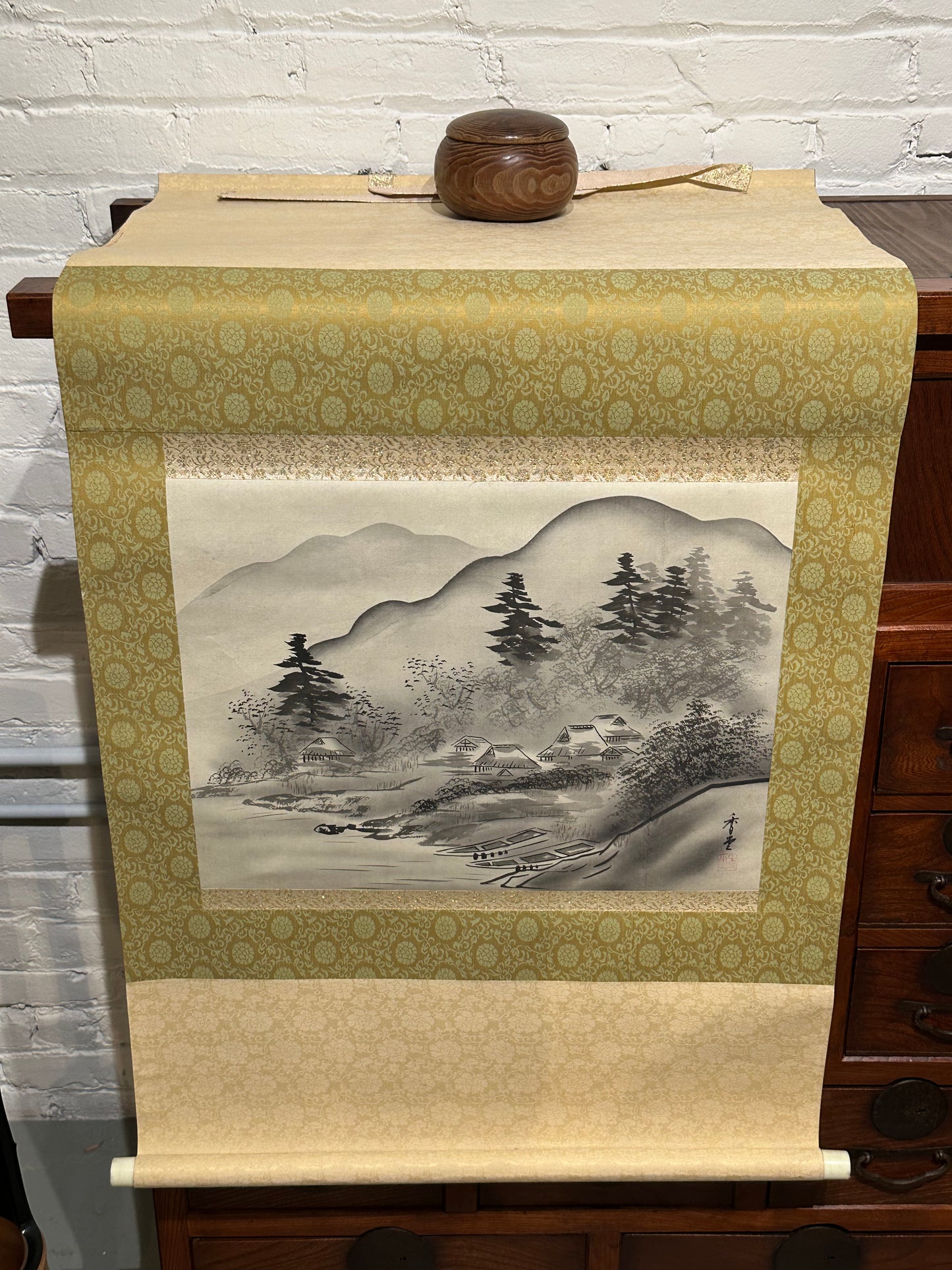 Vintage Japanese Scroll Hand Painted Mid 1900’s Mountain Farmhouse
