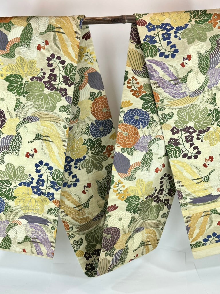 Antique Japanese Silk Maru Obi Taisho Phoenix Chrysanthemum Gosho 13'L