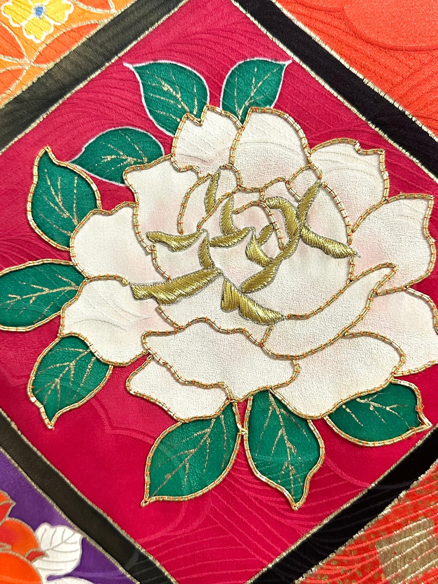 Vintage Japanese Silk Rinzu Kimono Hishi Diamond Floral Panels Showa Furisode