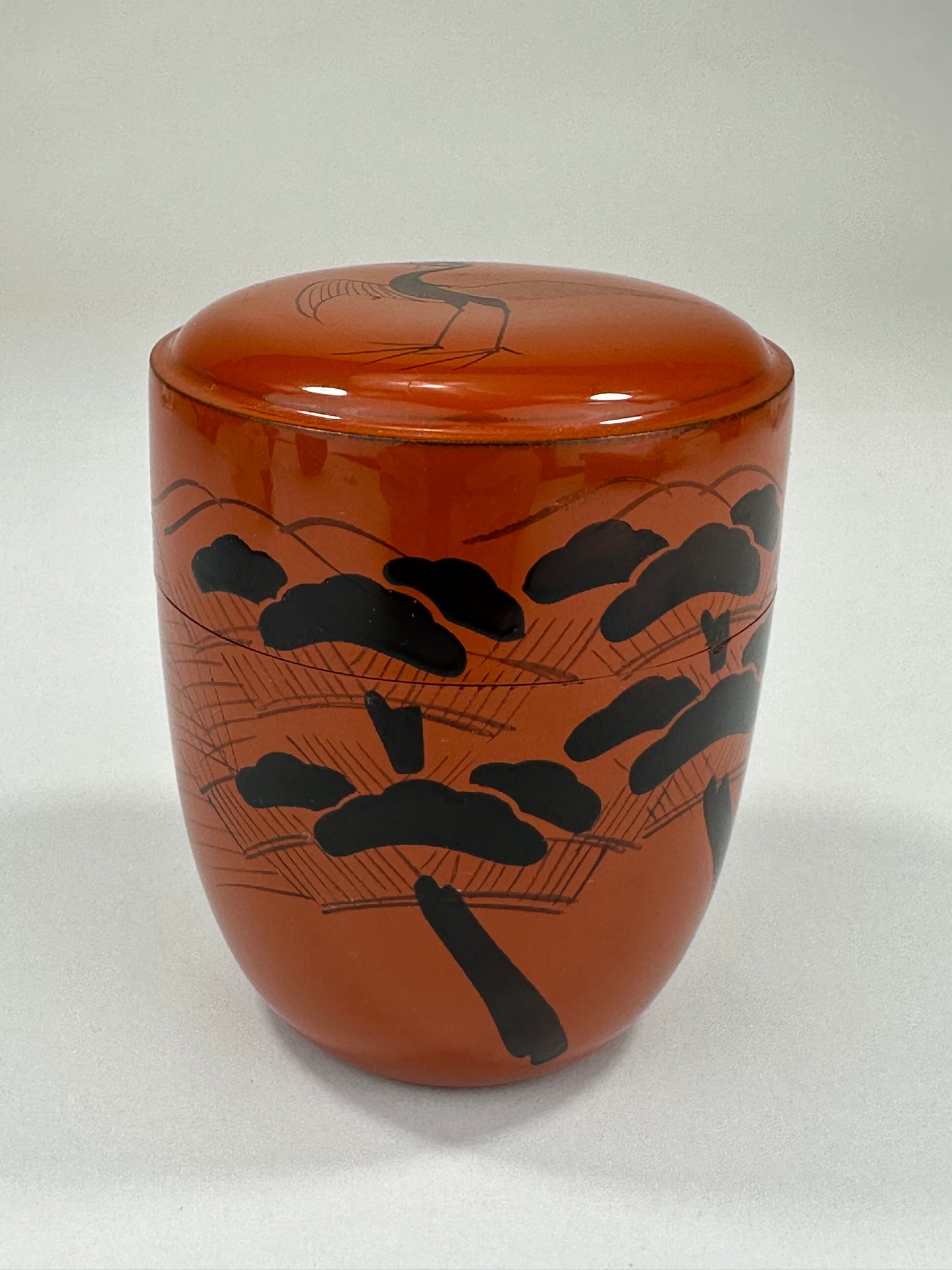 Vintage Japanese Tea Ceremony Natsume Tea Caddy Red Lacquer Crane & Pine Tree