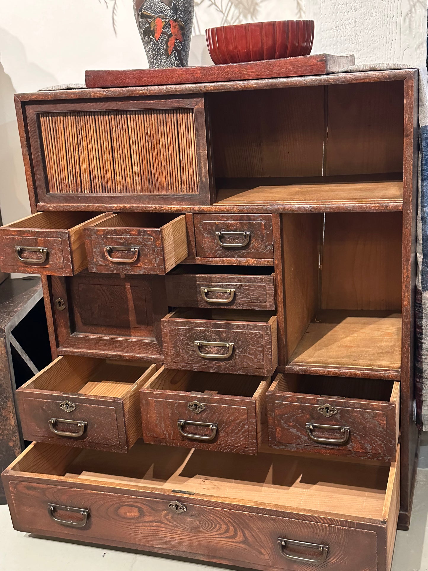 Antique Japanese Taisho Era (c1920’s) Chadansu Tea Tansu 9 Drawer 26"W