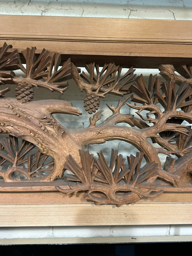 Japanese Inami Chokoku Sugi Wood Ranma Transom Carved Pine Tree Signed Kohō Taisho Showa 72"L