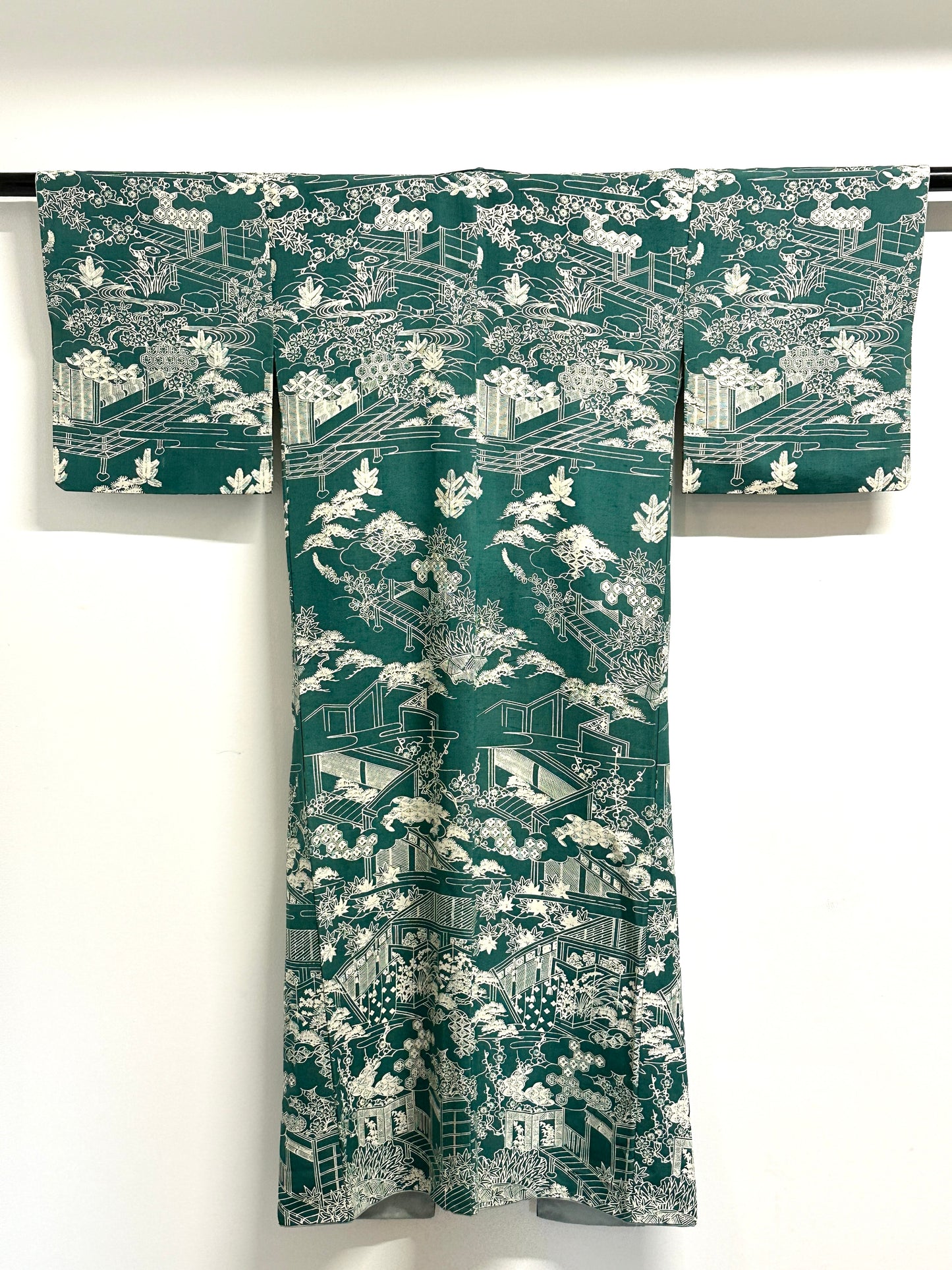Vintage Japanese Silk Kimono Allover Garden Landscape Teien Crane Pine Teal Showa