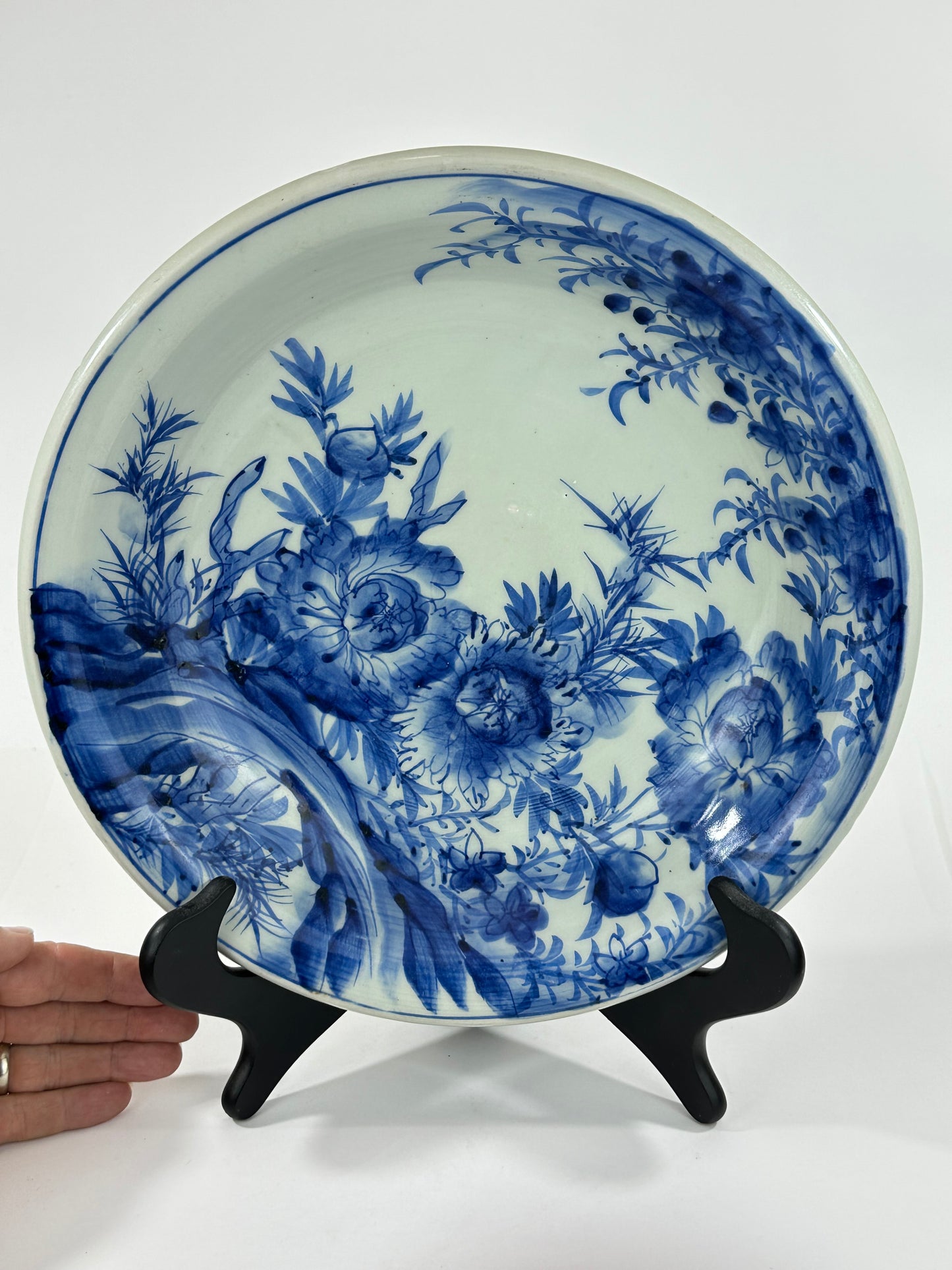 Antique Japanese Late Edo Period Imari Blue & White Porcelain Peony Bowl 12"W