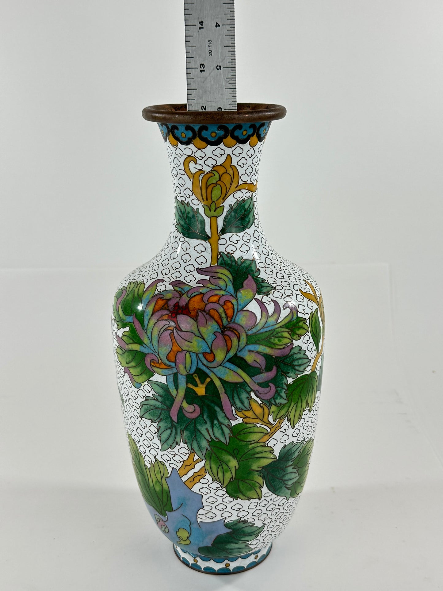 Vintage Chinese Cloisonné Vase chrysanthemum motif 12”