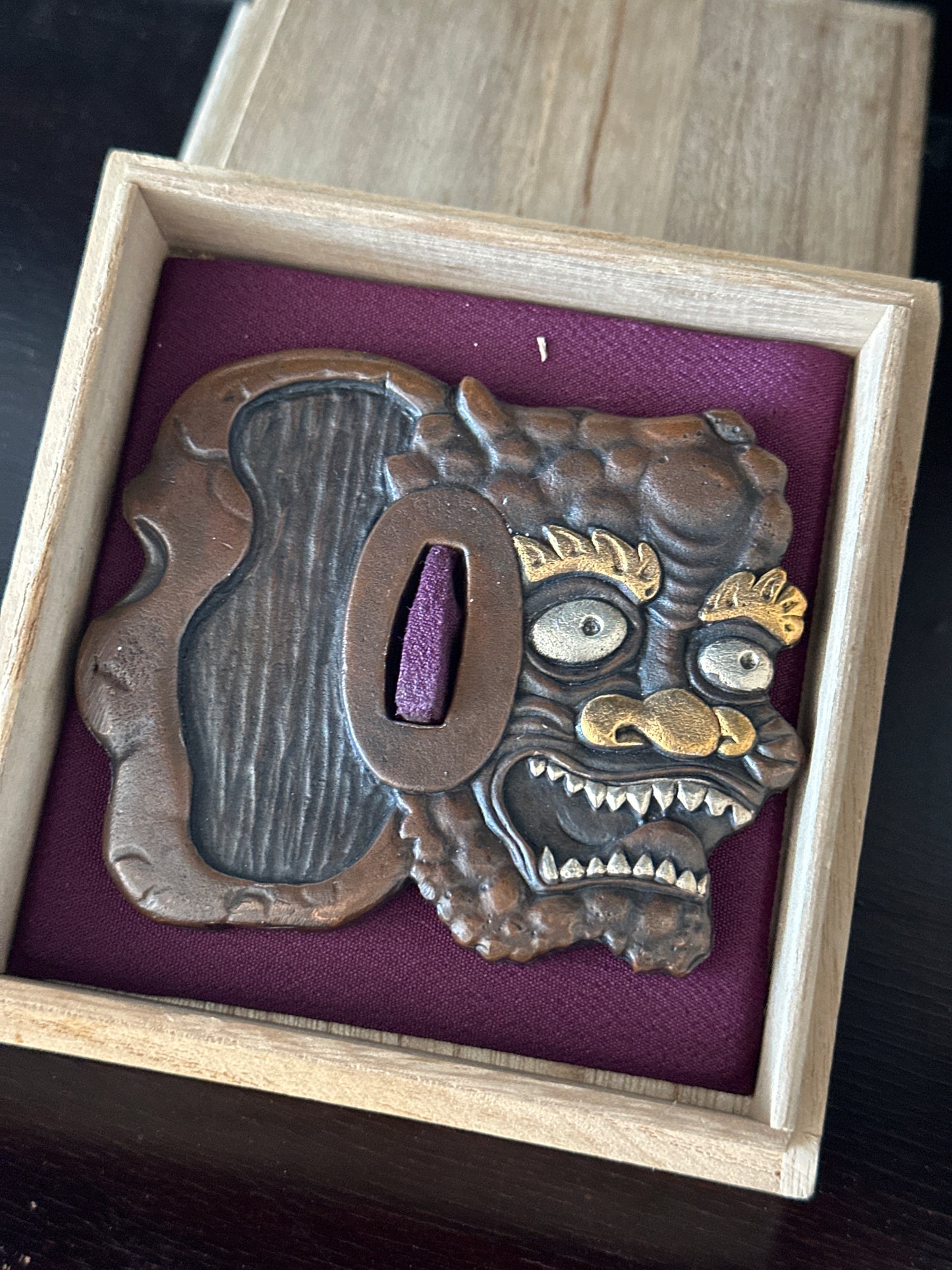 Decorative Tsuba Oni Mask Motif Japan, 20th (after Edo period) Cast iron gilt silvered details LS179