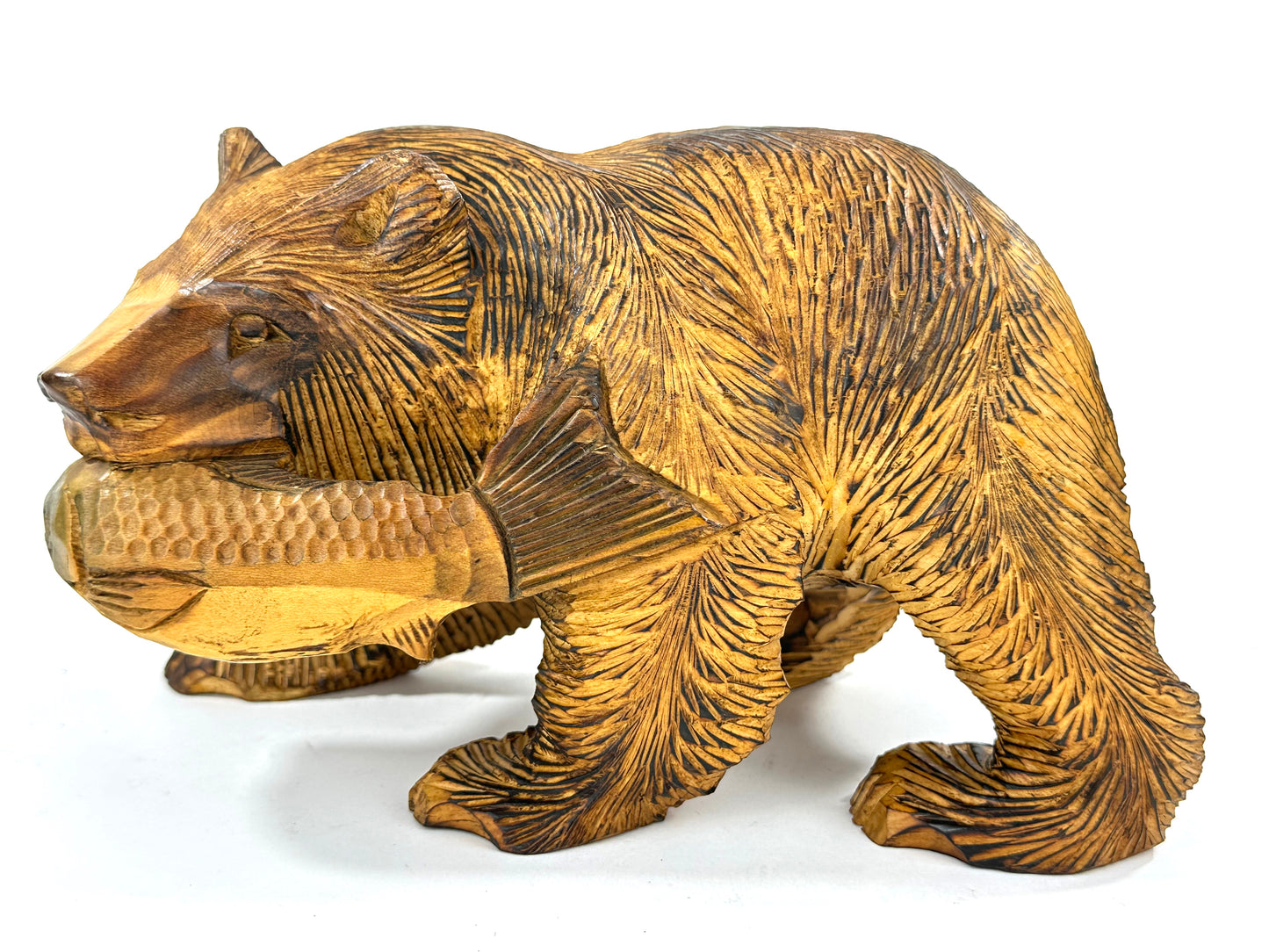 Vintage Japanese Ainu Bear Kuma w/ Salmon Signed Sugi Wood ~9"