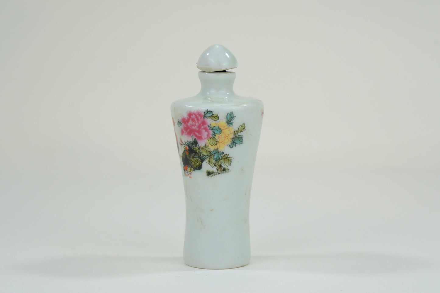 Vintage Chinese Porcelain Snuff Bottle Rooster Motif w/ Stopper 3"