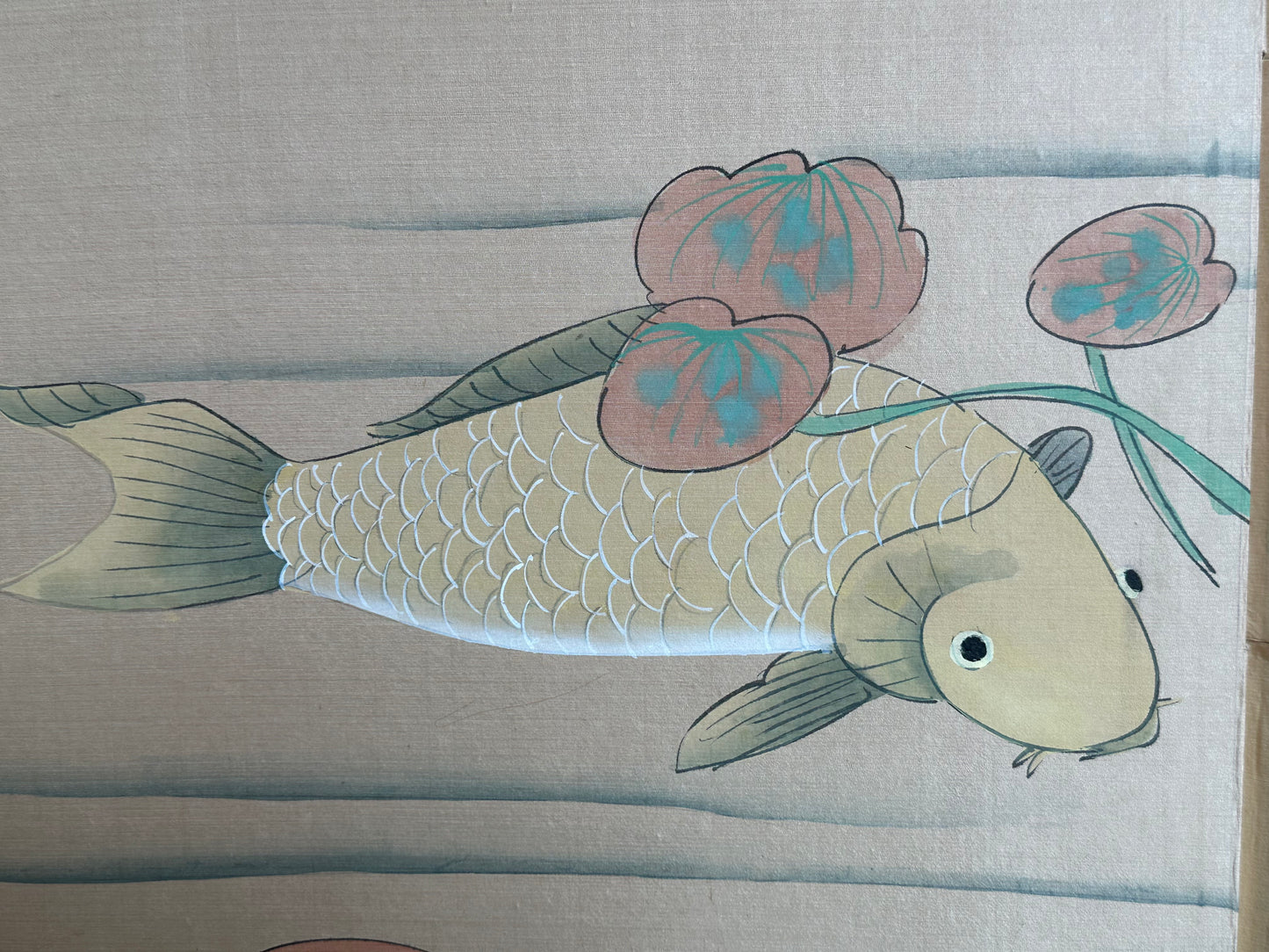 Vintage Japanese 4 Panel Folding Screen Wall Hanging Koi Fish 36"H