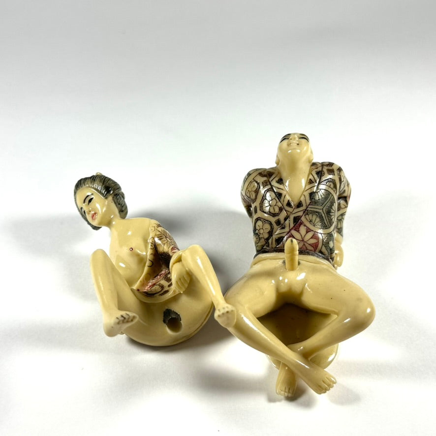 Vintage Japanese Shunga Erotic Figurine Couple Faux-Ivery Resin Hand Painted Showa b