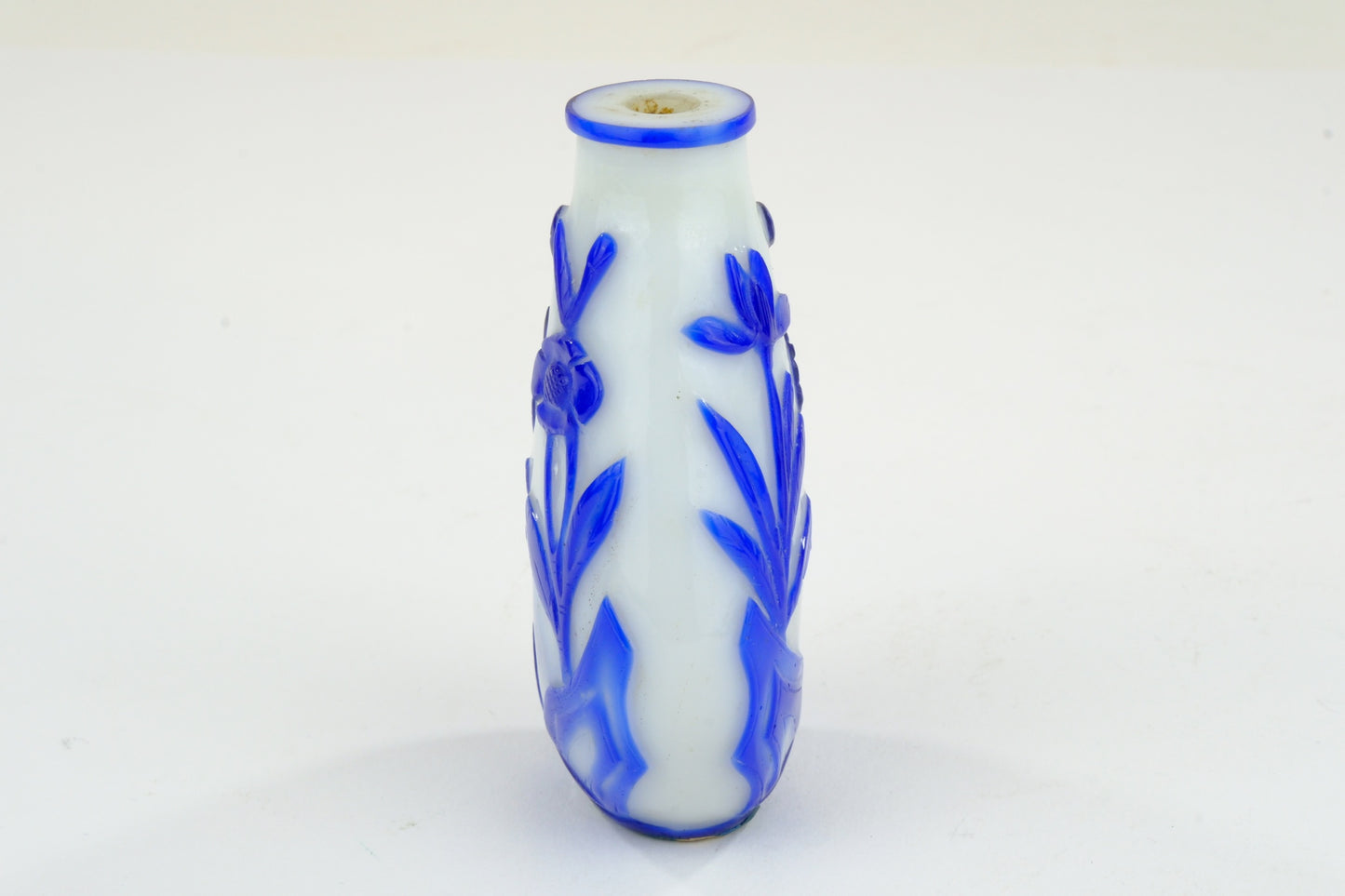 Chinese Blue Overlay Peking Glass Snuff Bottle Floral Botanical Carved ~3"