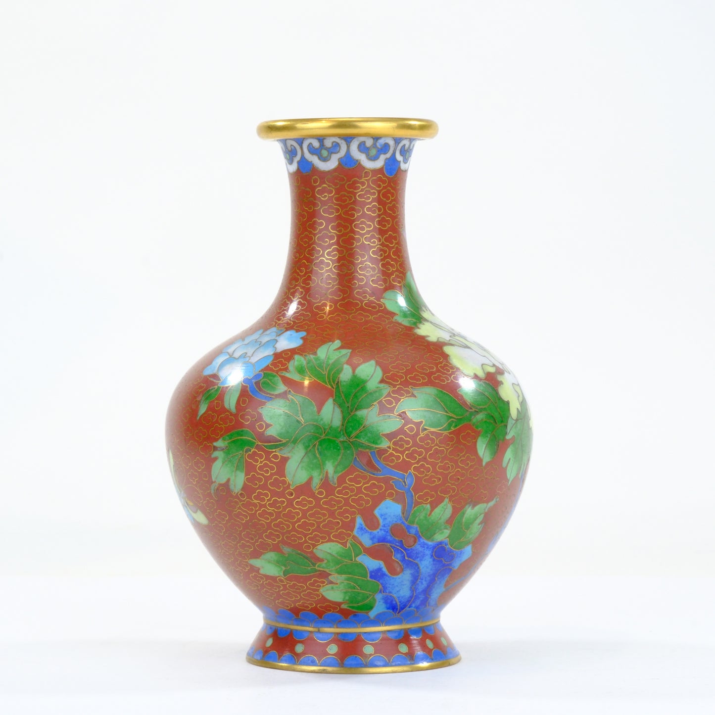 Chinese Cloisonne Enamel Vase Red Rust Ground White Peony Scholar Rock Blue Foot 6"H