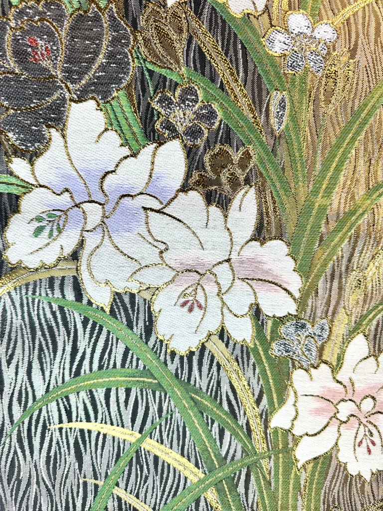 Vintage Japanese Silk Fukuro Obi Gold Foil Orchid Black Ground 13'L