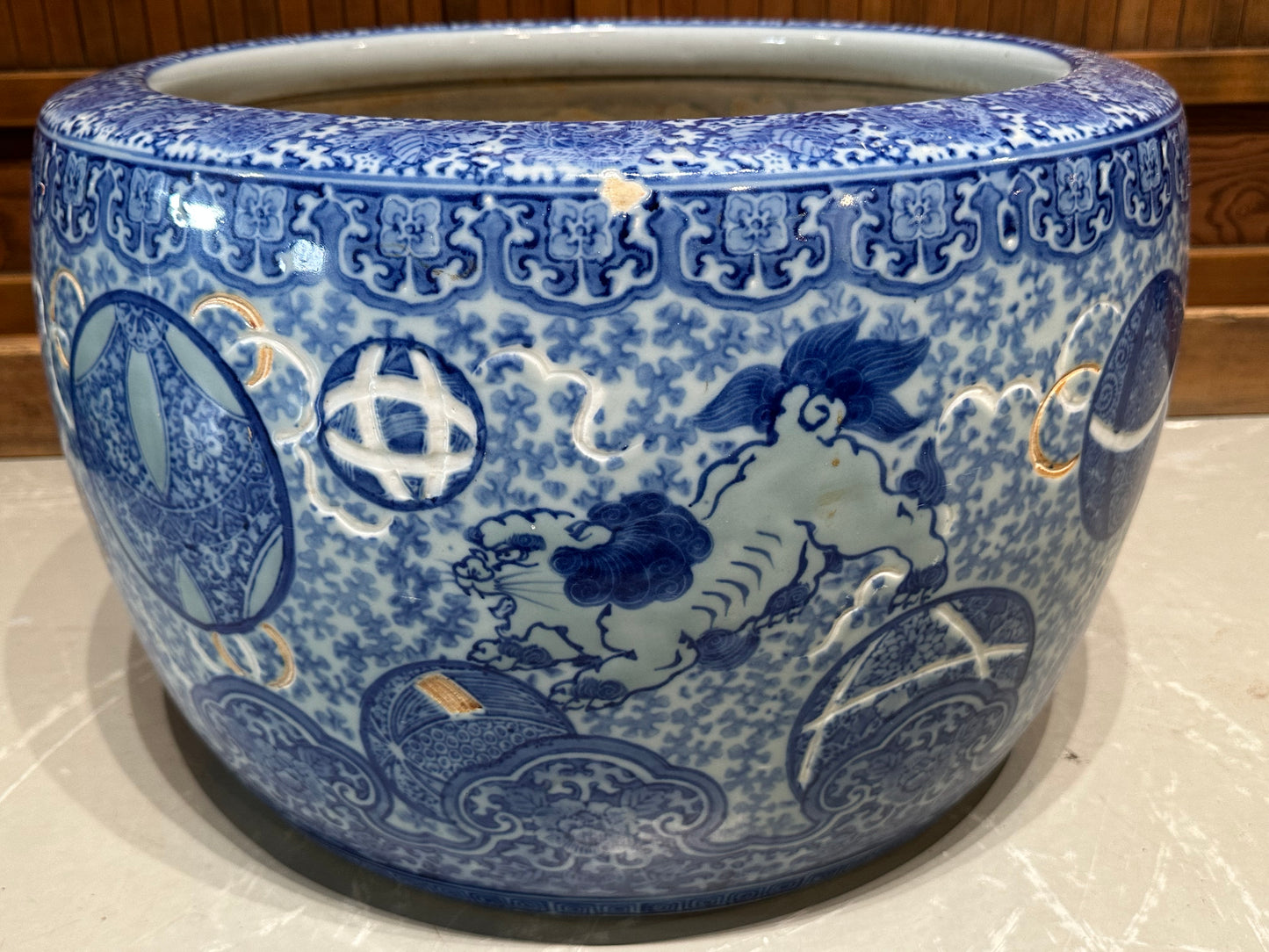 Antique Japanese Meiji Era Ceramic Blue & White Hibachi Brazier Floral Motif 20”