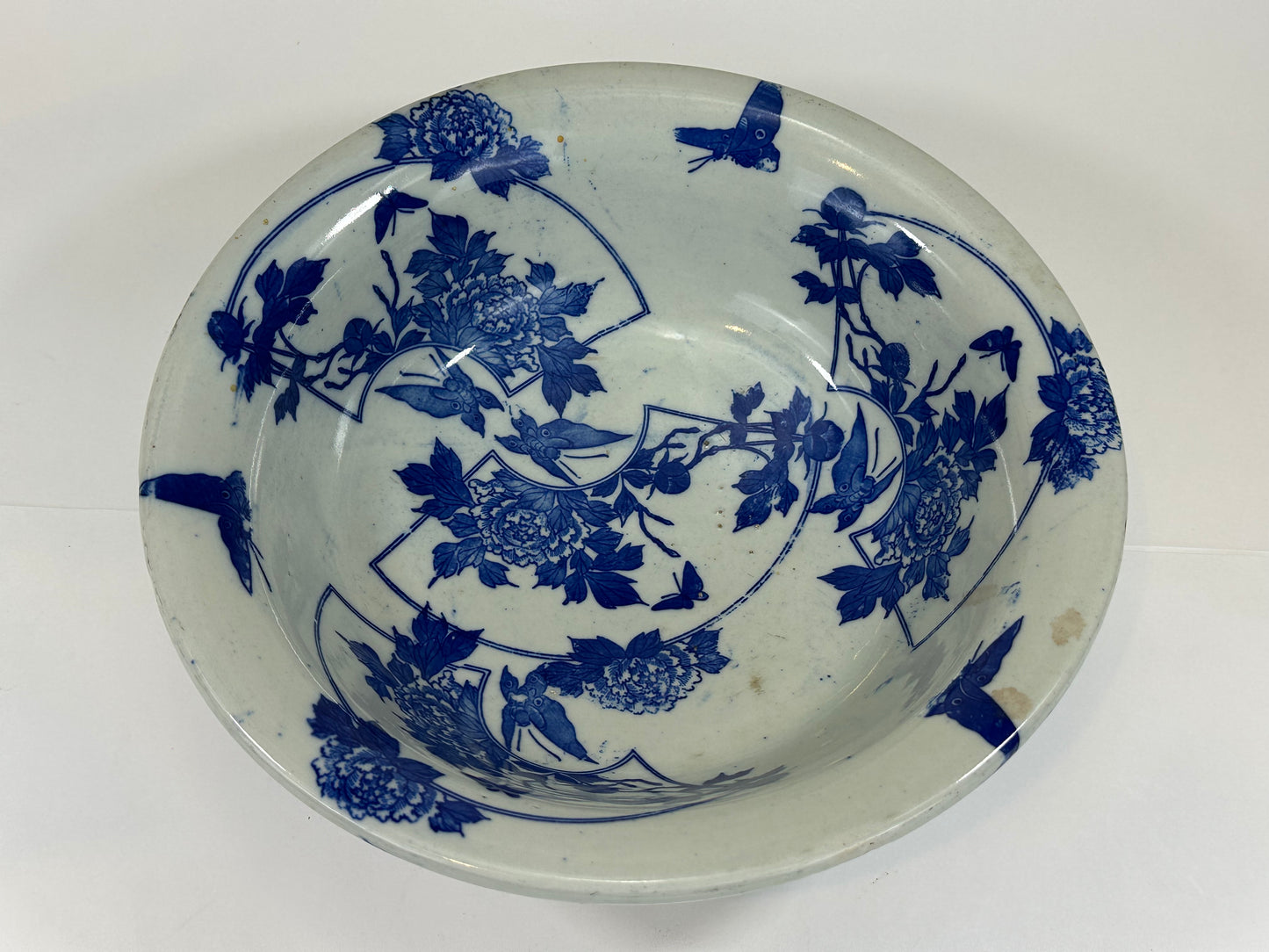 Antique Meiji Hand Painted Imari Japanese Ceramic Bowl Blue & White 11”